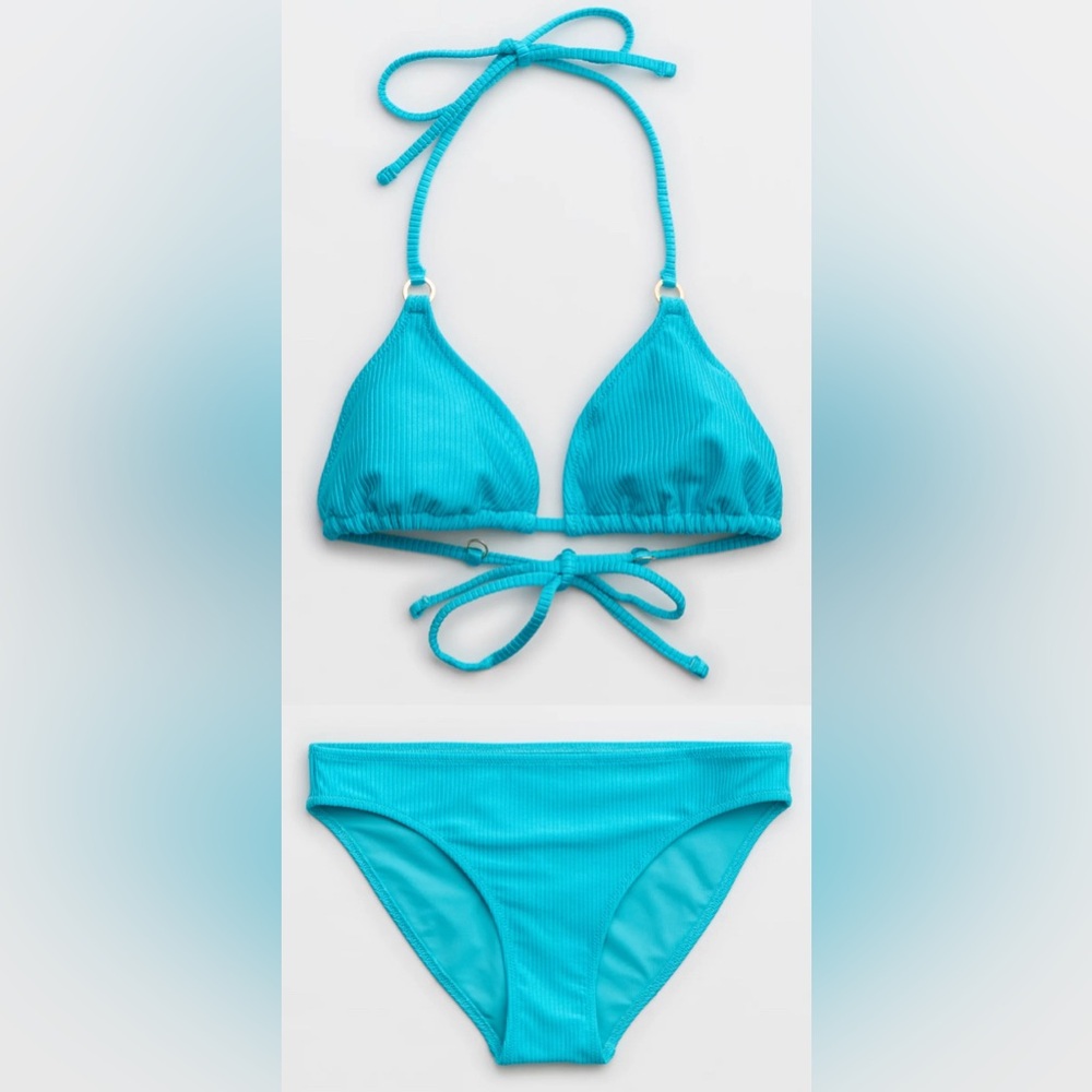 NWT Aerie FULL SET Shine Rib String Triangle Top + Full Coverage Bottom Blue - L